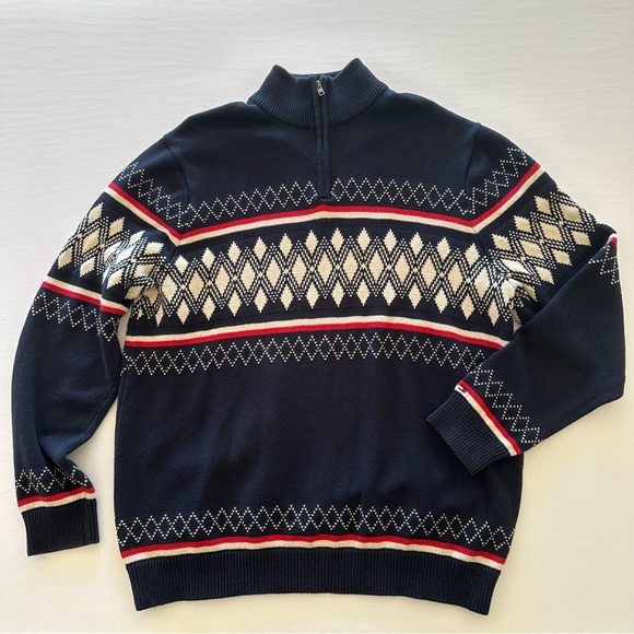 Tommy Hilfiger Mens XXL Cotton Sweater 1/4 Zip Blue Fair Isle Nordic Pullover - Picture 1 of 16
